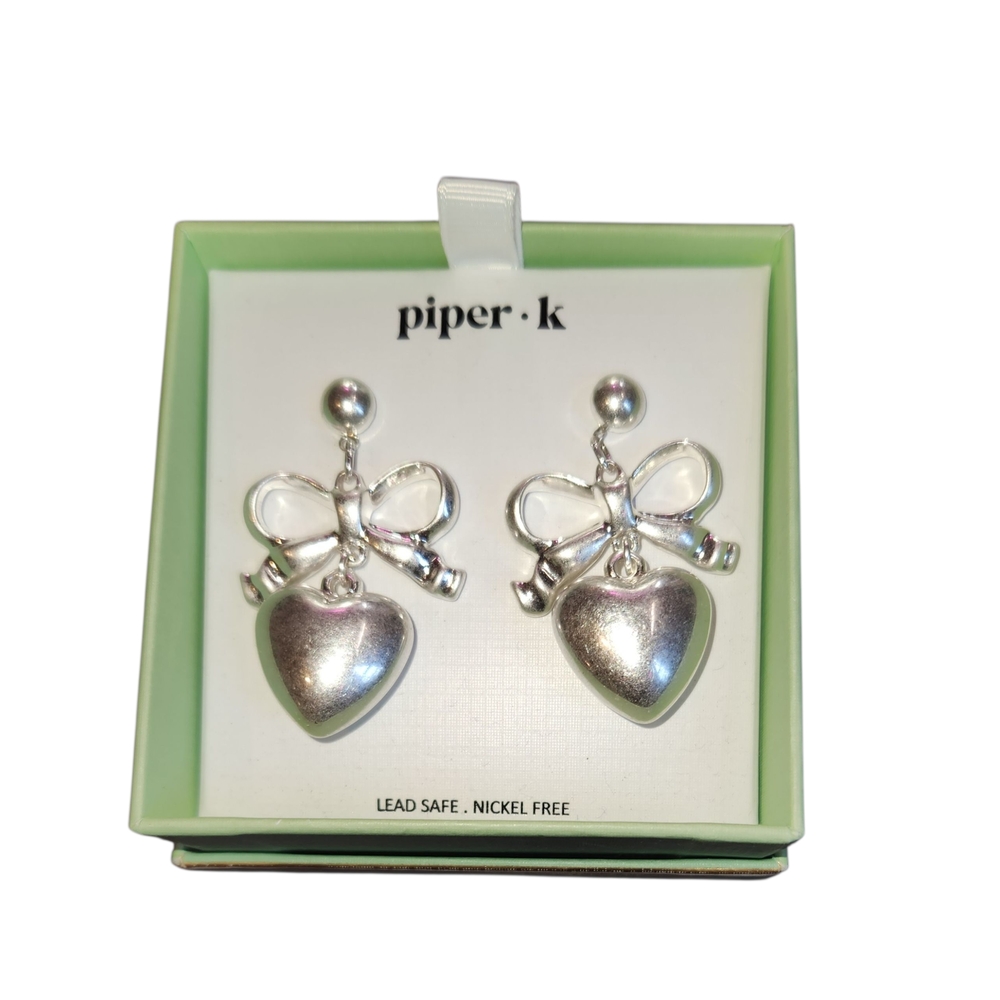 Piper K Silver Heart Bow Earrings